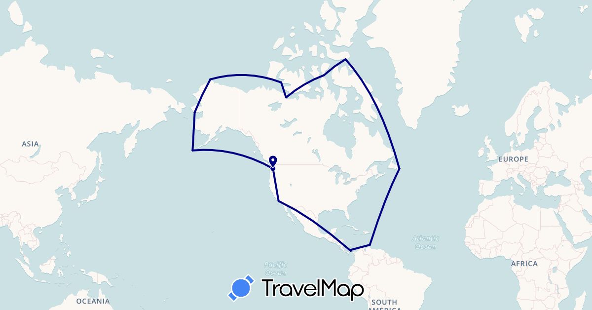 TravelMap itinerary: driving in Canada, Curaçao, Panama, United States (North America, South America)